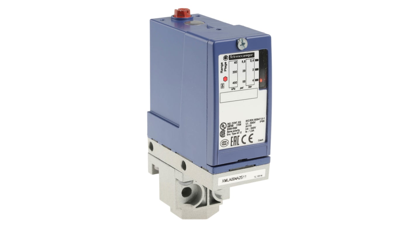 Sensore di pressione differenziale Telemecanique Sensors XMLA004A2S11, massimo 4 bar, uscita relè, IP66, temperatura -25/+70 °C.