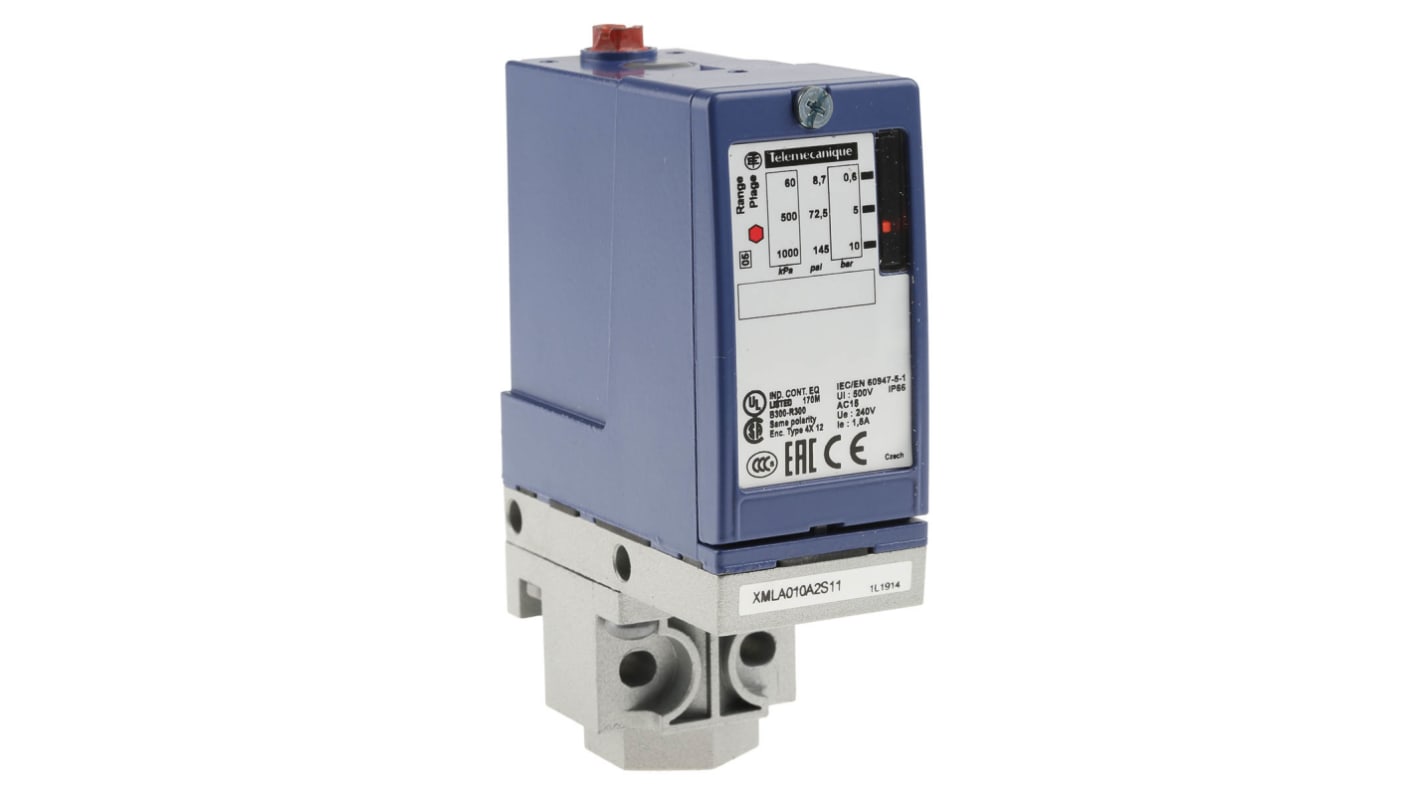 Sensore di pressione differenziale Telemecanique Sensors XMLA010A2S11, max 10 bar, uscita relè, IP66, -25/+70 °C.