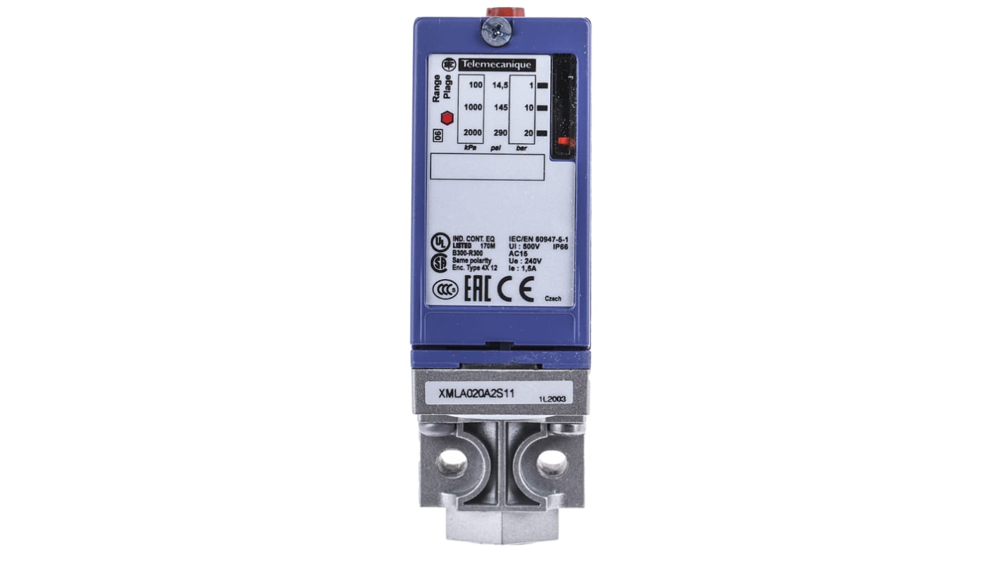Sensore di pressione differenziale Telemecanique Sensors XMLA020A2S11, max 20 bar, uscita relè, IP66, -25 a +70 °C.