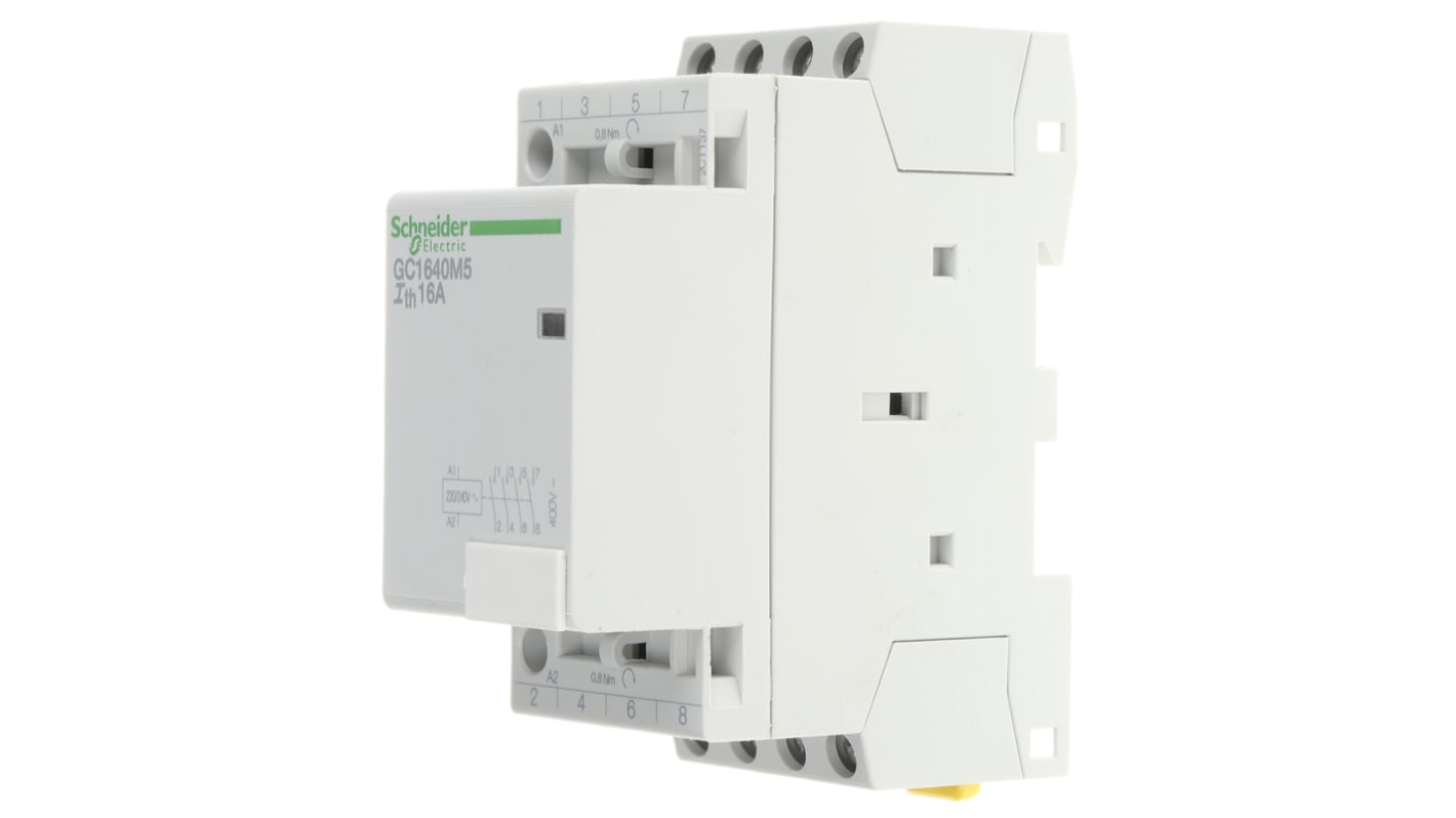 Contattore 4 poli Schneider Electric GC1640M5, 16 A, 230 V, montaggio su guida DIN, dimensioni 81x35x65 mm.