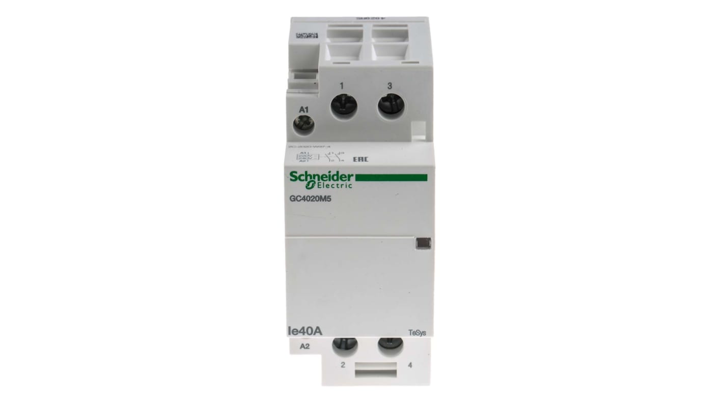 Contattore Schneider Electric GC4020M5, 2 poli, 40 A, montaggio su guida DIN, dimensioni 81x35x65 mm.