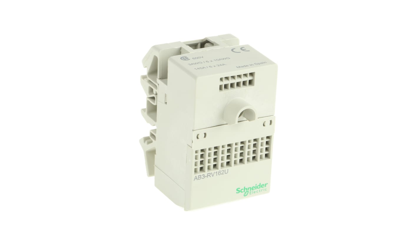 Morsettiera ripartitrice unipolare Schneider Electric AB3RV162U per serie Ab3, AK2. Montaggio su guida DIN, connessioni su barra o cavo fino a 2,5 mm². Connessione sicura con morsetti a vite.