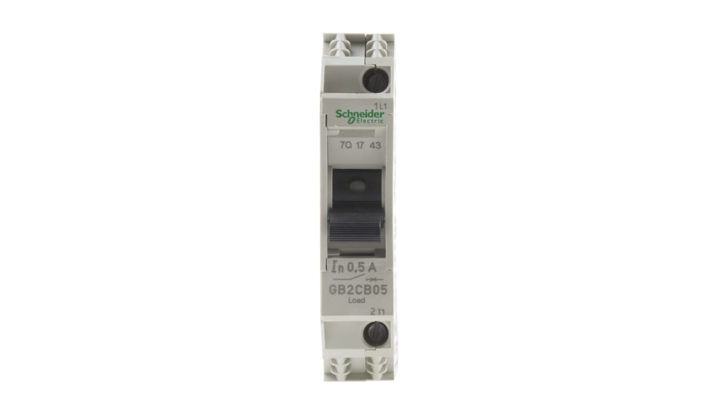 Interruttore termico Schneider Electric GB2CB05, 1 polo, 500mA, 277V AC, 415V CA per protezione da corto circuiti e sovraccarichi su circuiti di controllo e apparecchiature industriali.