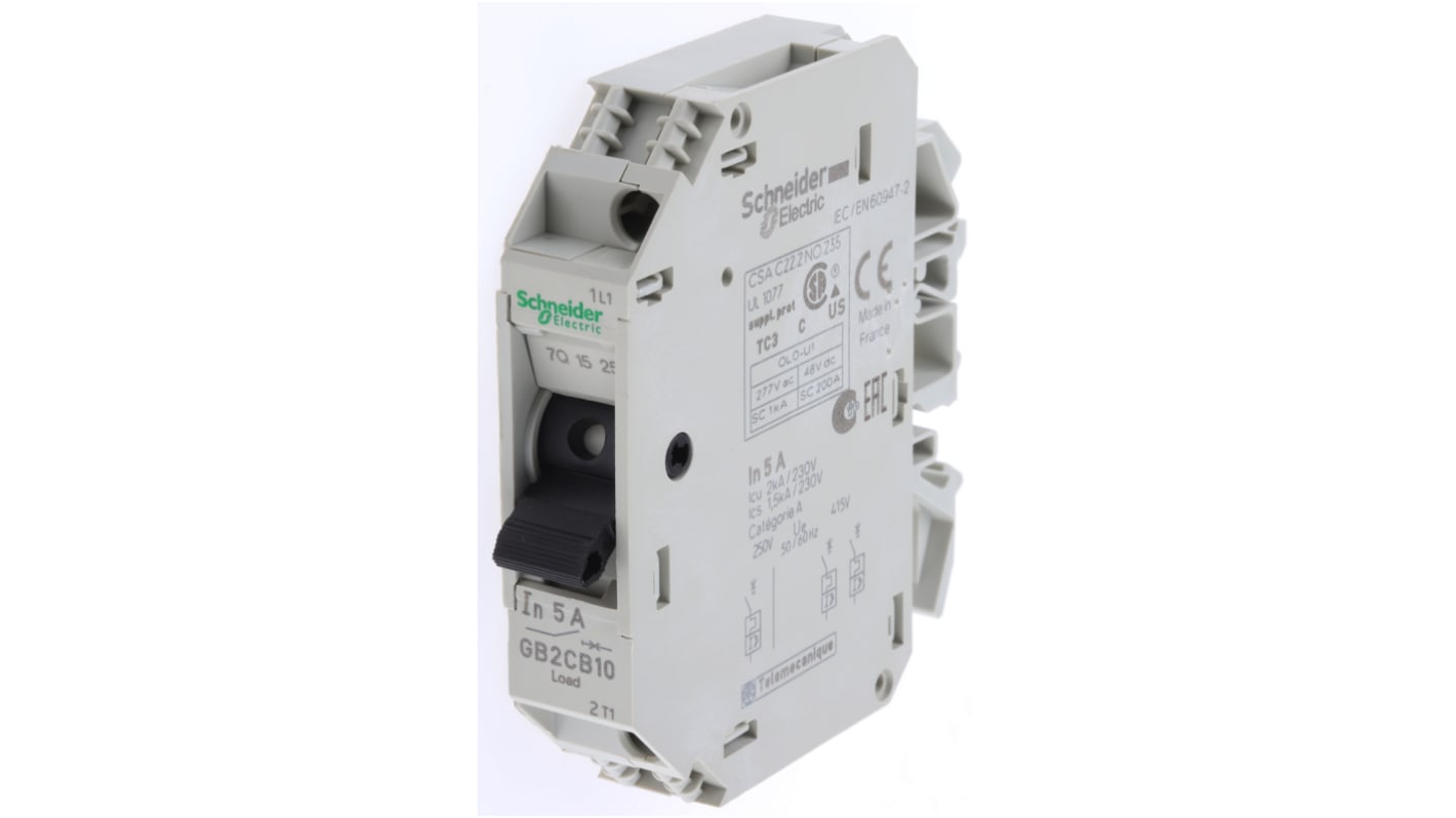 Interruttore termico Schneider Electric GB2CB10, 1 polo, 5A, 277V ac, 415V c. Protezione da cortocircuiti e sovraccarichi per apparecchiature industriali. Montaggio su guida DIN.