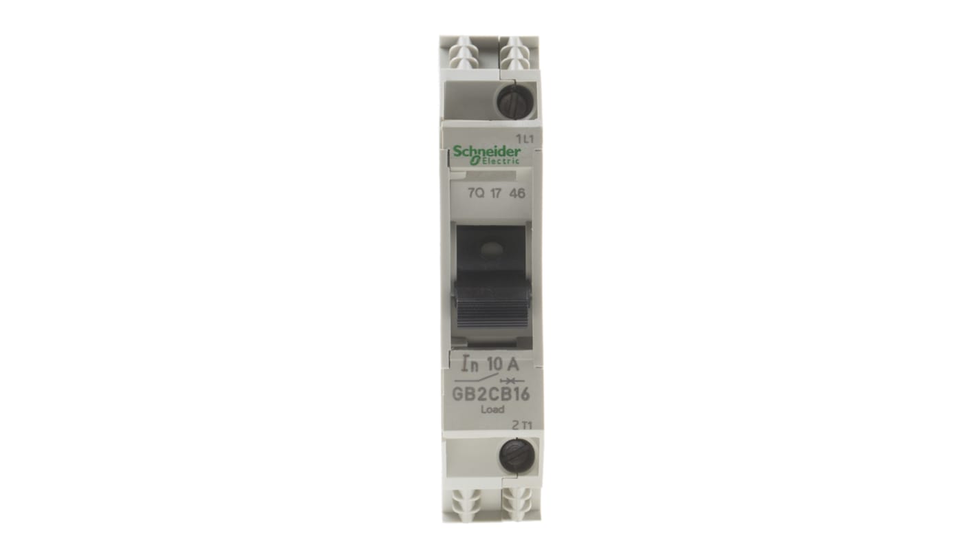 Interruttore termico Schneider Electric GB2CB16, 1 polo, 10A, 415V. Protezione da corto circuiti e sovraccarichi per impianti industriali. Montaggio su guida DIN. Conforme a IEC947-2.