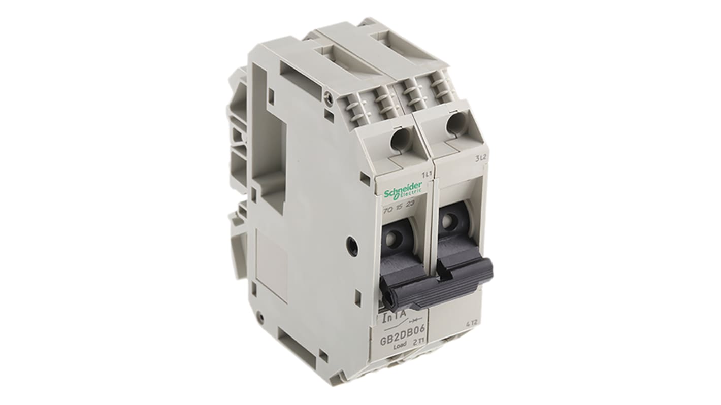 Interruttore termico Schneider Electric GB2DB06, 2 poli, 1A, 277V AC, 415V CA per protezione da corto circuiti e sovraccarichi. Montaggio su guida DIN, conforme a IEC947-2.