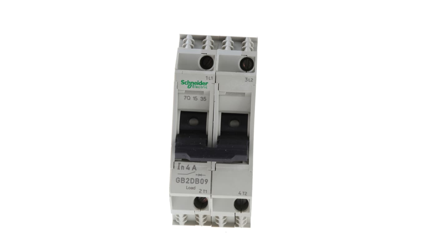 Interruttore termico Schneider Electric GB2DB09, 2 poli, 4A, 277V AC, 415V CA. Protezione da corto circuiti e sovraccarichi per apparecchiature industriali. Conforme agli standard IEC947-2.
