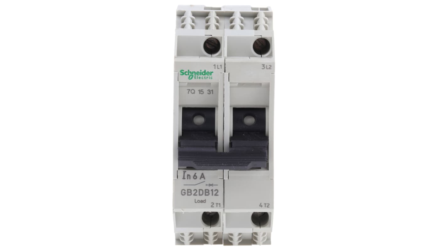 Interruttore termico Schneider Electric GB2DB12, 2 poli, 6A, 415V - Protezione cortocircuiti e sovraccarichi per apparecchiature industriali. Compatibile con guida DIN.
