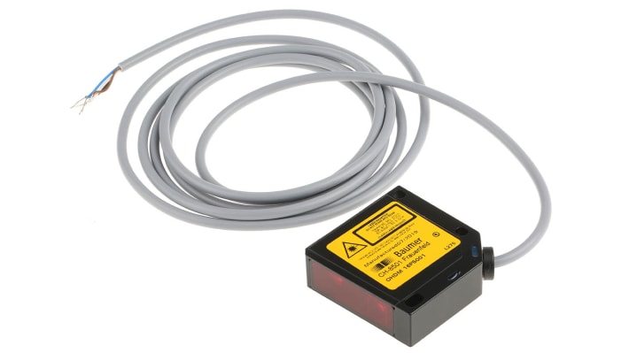 Baumer OHDM 16P5001, sensore fotoelettrico rettangolare a diffusione, rilevamento 25-300 mm, uscita PNP, IP67.