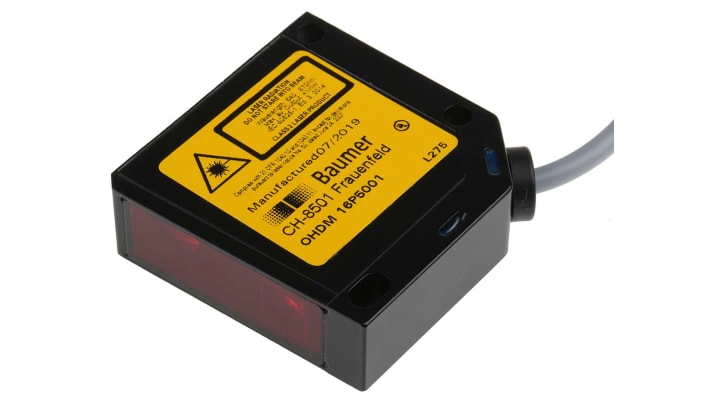 Baumer OHDM 16P5001, sensore fotoelettrico rettangolare a diffusione, rilevamento 25-300 mm, uscita PNP, IP67.