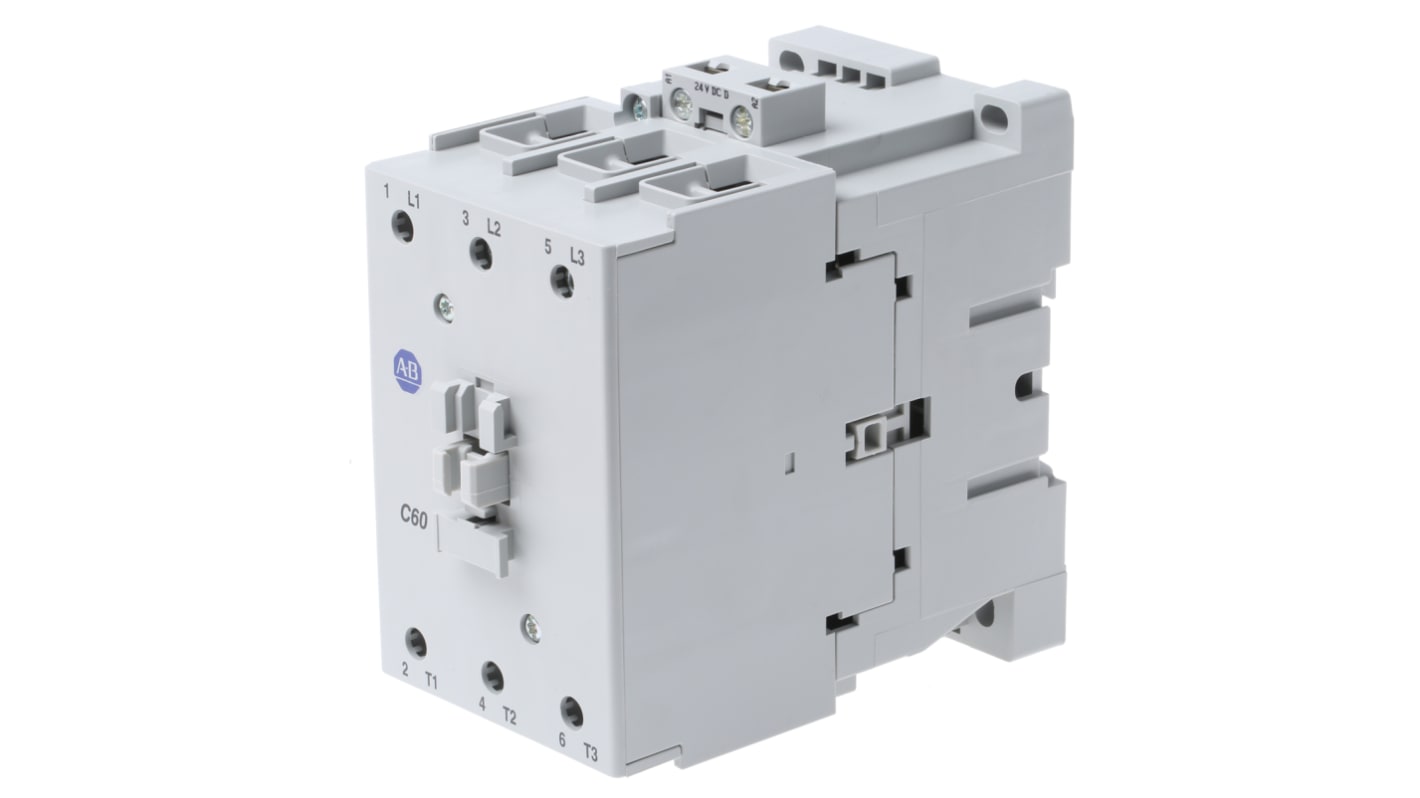 Contattore Allen Bradley 100-C60DJ00, 3 poli, 60 A, bobina 24 V c.c., montaggio su guida DIN, dimensioni 81x45x86.5 mm.