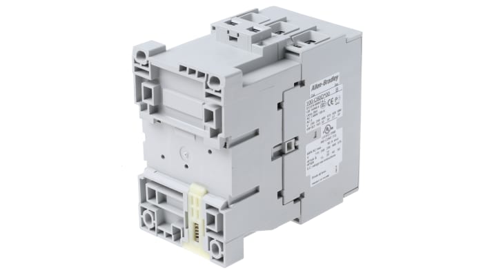 Contattore Allen Bradley 100-C60DJ00, 3 poli, 60 A, bobina 24 V c.c., montaggio su guida DIN, dimensioni 81x45x86.5 mm.