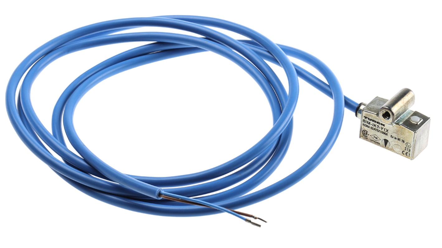 Sensore Turck BIM-IKT-Y1X per cilindri, contenitore in zinco, grado di protezione IP67, montaggio con staffe, dimensioni 34mm x 14.6mm x 17mm.