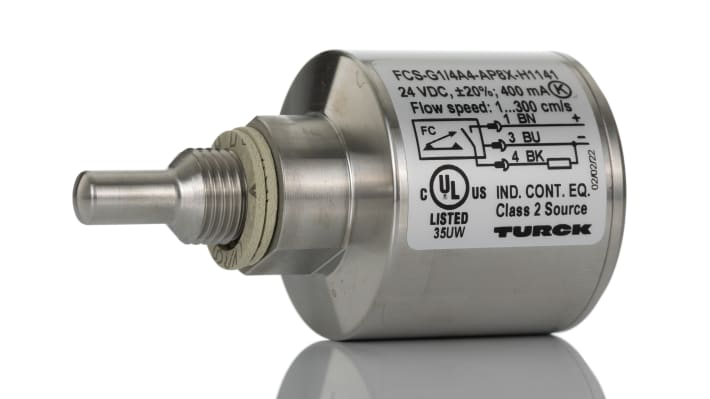 Regolatore di flusso Turck FCS-G1/4A4-AP8X-H1141, tipo ad immersione, PNP, con connettore M12, per flussi fino a 300 cm³/s.