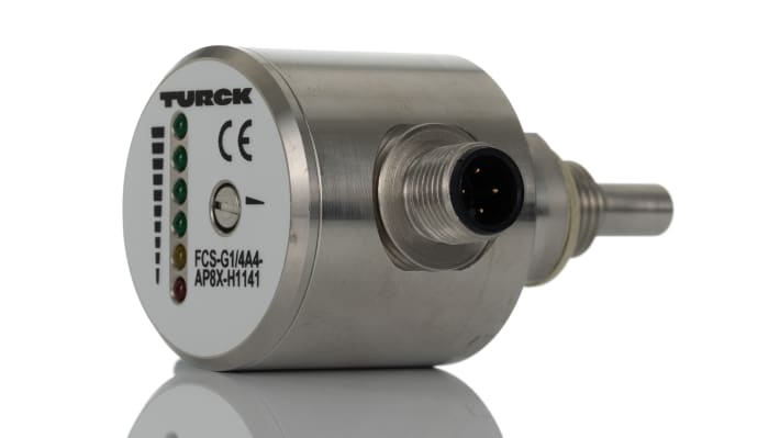 Regolatore di flusso Turck FCS-G1/4A4-AP8X-H1141, tipo ad immersione, PNP, con connettore M12, per flussi fino a 300 cm³/s.