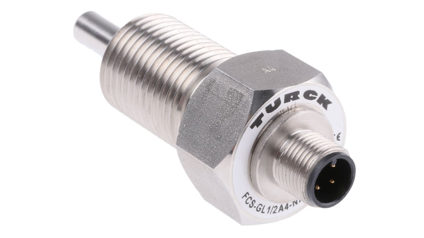 Sensore di flusso Turck FCS-GL1/2A4-NA-H1141 per gas e liquidi, rilevamento calorimetrico, connettore M12, IP67, acciaio inox.