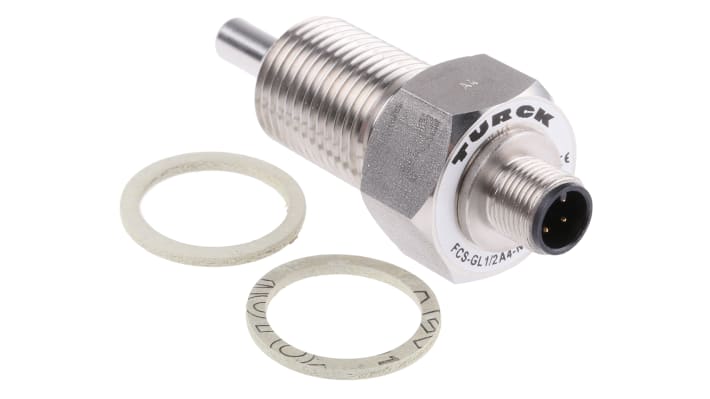 Sensore di flusso Turck FCS-GL1/2A4-NA-H1141 per gas e liquidi, rilevamento calorimetrico, connettore M12, IP67, acciaio inox.