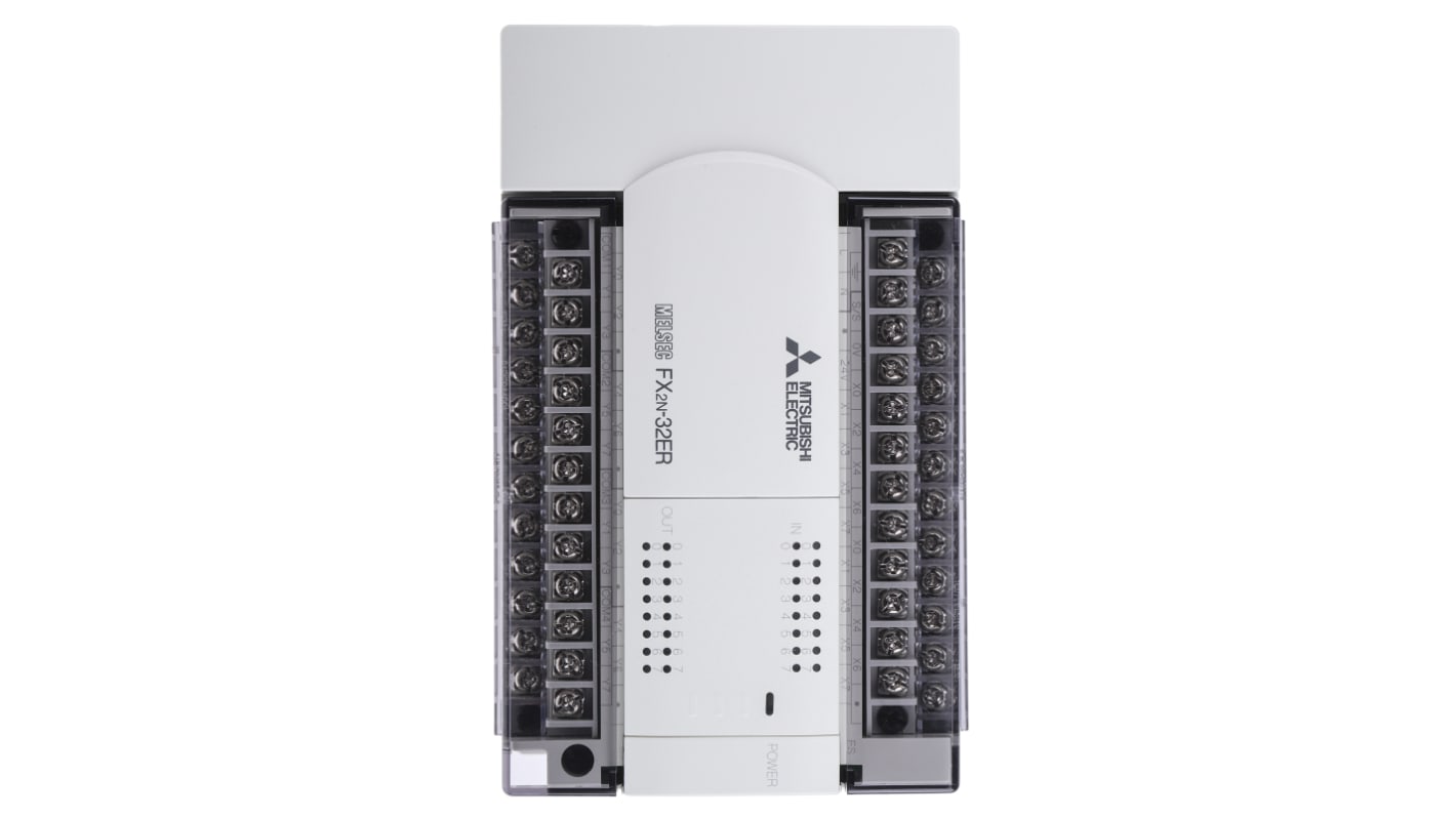 Modulo I/O PLC Mitsubishi Electric FX2N-32ER-ES/UL, 16 ingressi e 16 uscite, montaggio su guida DIN, dimensioni 90 x 150 x 87 mm.