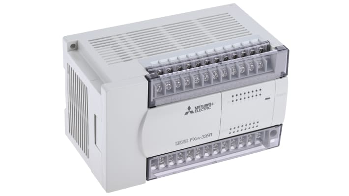 Modulo I/O PLC Mitsubishi Electric FX2N-32ER-ES/UL, 16 ingressi e 16 uscite, montaggio su guida DIN, dimensioni 90 x 150 x 87 mm.