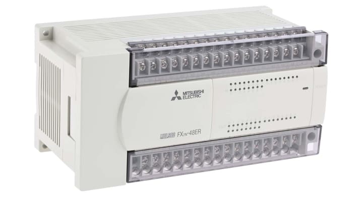 Modulo I/O PLC Mitsubishi Electric FX2N-48ER-ES/UL, 24 ingressi e uscite relè, montaggio su guida DIN, dimensioni 90 x 150 x 87 mm.
