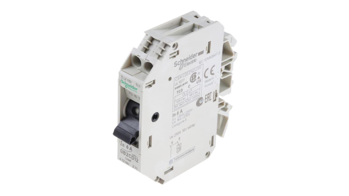 Interruttore termico Schneider Electric GB2CD12, 6A, 250V, 1P + N - Protezione cortocircuiti e sovraccarichi, montaggio su guida DIN - Ideale per impianti elettrici industriali.