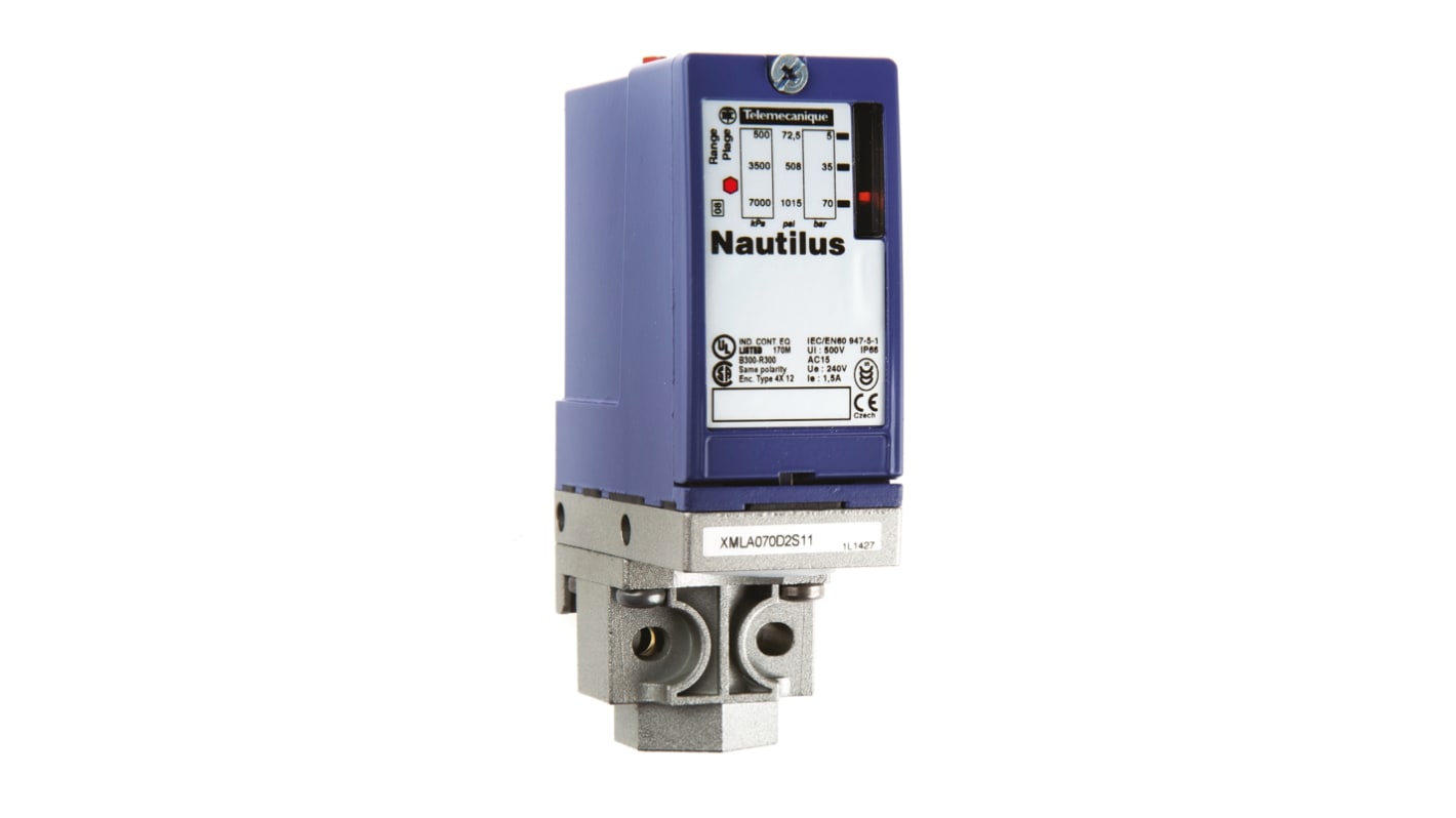 Sensore di pressione differenziale Telemecanique Sensors XMLA070D2S11, max 70 bar, uscita relè, IP66, -25/+70 °C.