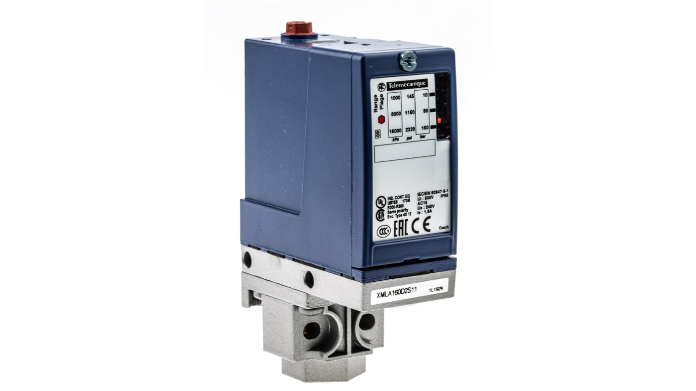 Sensore di pressione differenziale Telemecanique Sensors XMLA160D2S11, max 160 bar, uscita relè, IP66, -25/+70 °C.