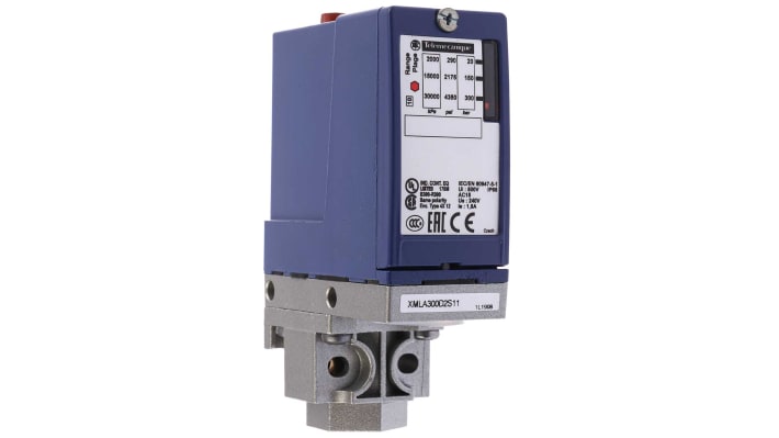 Sensore di pressione differenziale Telemecanique Sensors XMLA300D2S11, max 300 bar, uscita relè, IP66, temperatura -25/+70 °C.