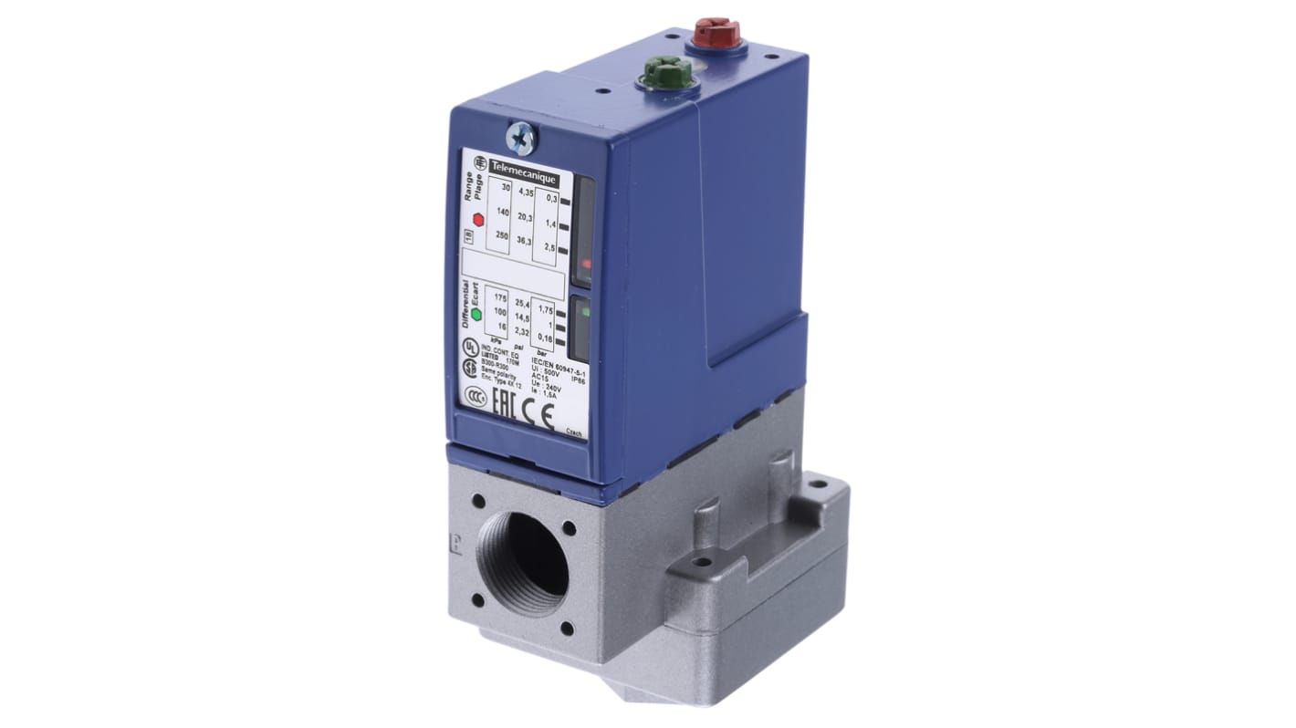 Sensore di pressione differenziale Telemecanique Sensors XMLB002A2S11, 2.5 bar, IP66, per fluidi, G1/4, 120-240 V c.a.