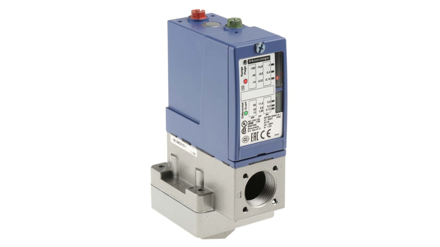 Sensore di pressione differenziale Telemecanique Sensors XMLBM02V2S11, -0.01 bar max, uscita relè, IP66, -25/+70 °C.
