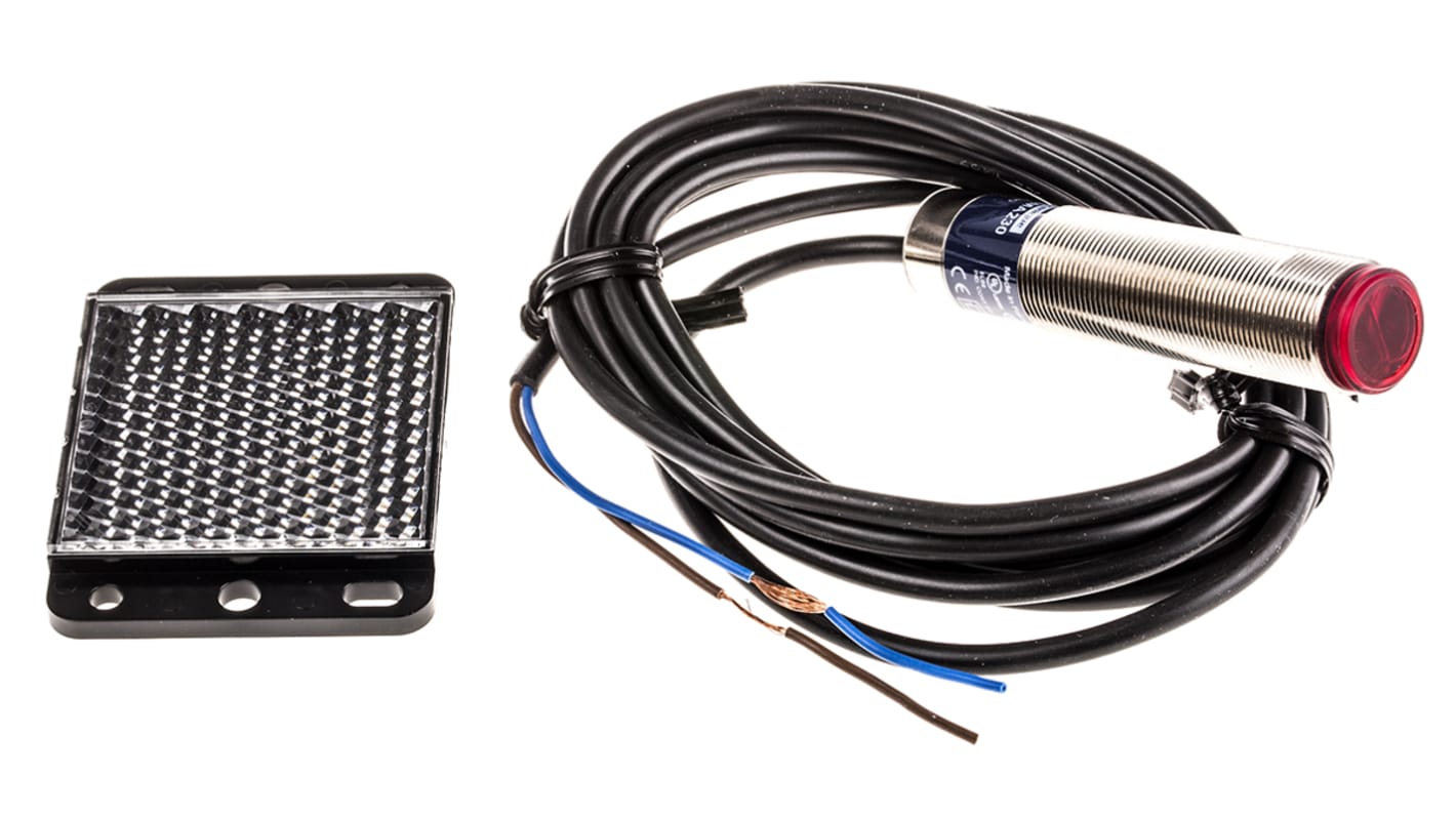 Sensore fotoelettrico cilindrico Telemecanique Sensors XU9M18MA230, rilevamento 2m, uscita relè, retro-riflettore IP67.