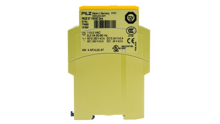 Relè di sicurezza Pilz PNOZ X7, 110V, 1 canale, 2 contatti N/O, montaggio su guida DIN, dimensioni 121mm x 22.5mm x 87mm.