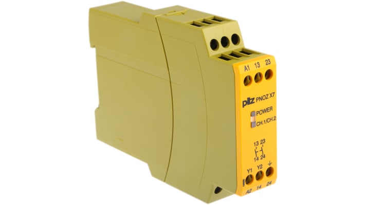 Relè di sicurezza Pilz PNOZ X7, 230V, 1 canale, 2 contatti N/O, montaggio su guida DIN, dimensioni 87mm x 22.5mm x 121mm.