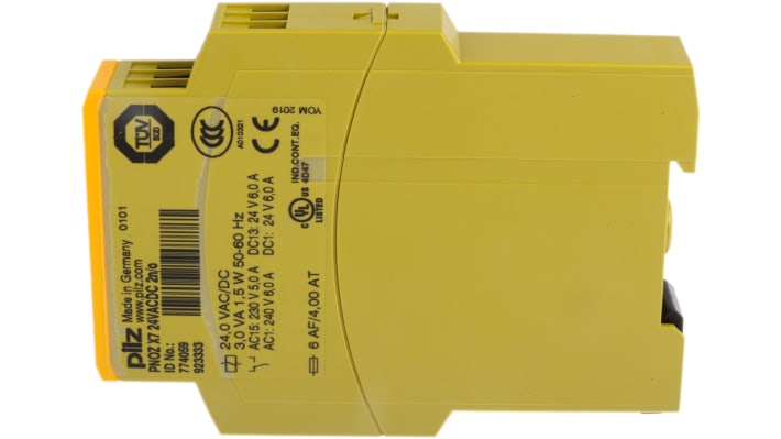 Relè di sicurezza Pilz PNOZ X7, 24V, 1 canale, 2 contatti N/O, montaggio su guida DIN, larghezza 22.5mm.