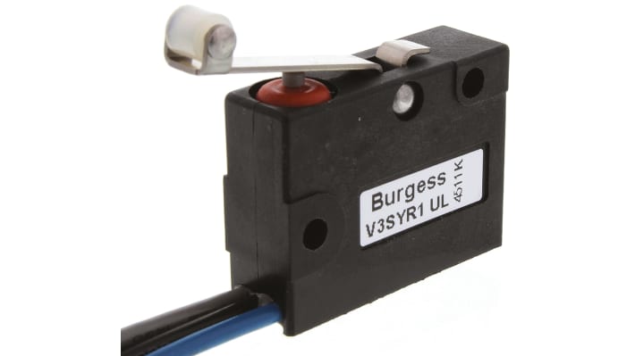 Microinterruttore SPDT pre-cablato Saia-Burgess V3SYR1-UL, grado di protezione IP67, attuatore a leva a rullo, cavi 500 mm.