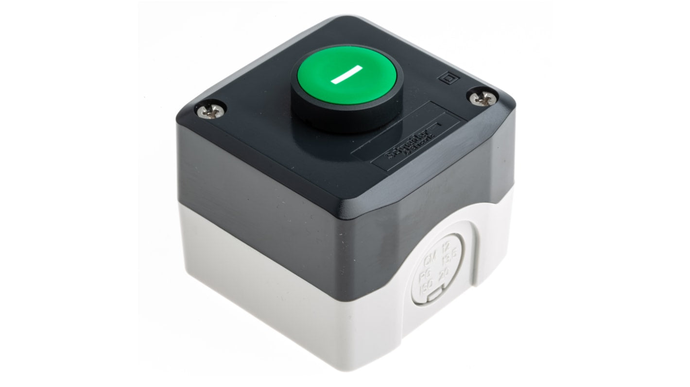 Schneider Electric XALD102, pulsantiera verde IP66/IP67/IP69K, attuazione a pulsante, dimensioni 68x68x53mm, corrente 10A.