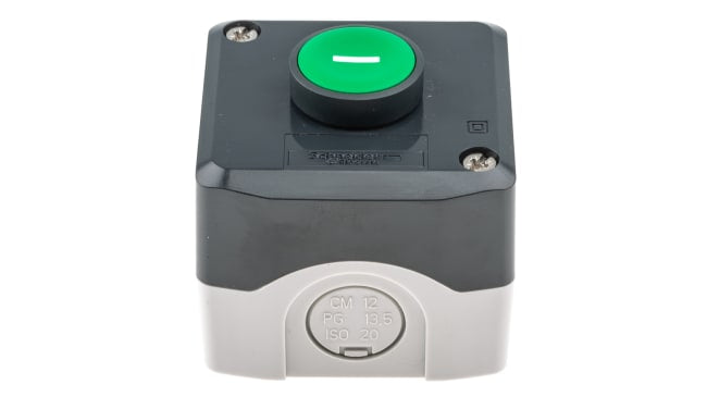 Schneider Electric XALD102, pulsantiera verde IP66/IP67/IP69K, attuazione a pulsante, dimensioni 68x68x53mm, corrente 10A.