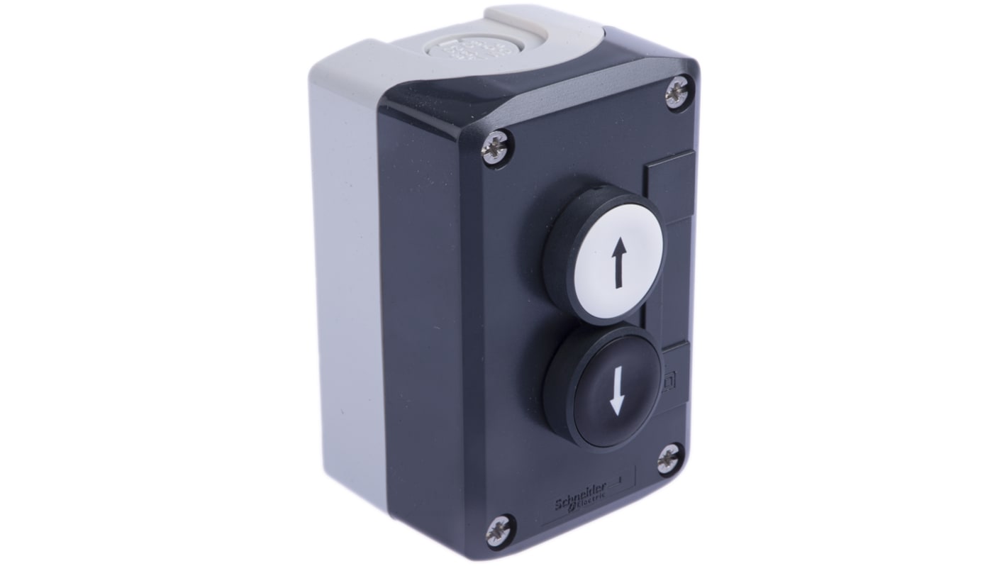 Schneider Electric XALD222, pulsantiera IP66/IP67/IP69K, 2-3 pulsanti, 10A, 600V, dimensioni 74x68x62mm, materiale policarbonato.