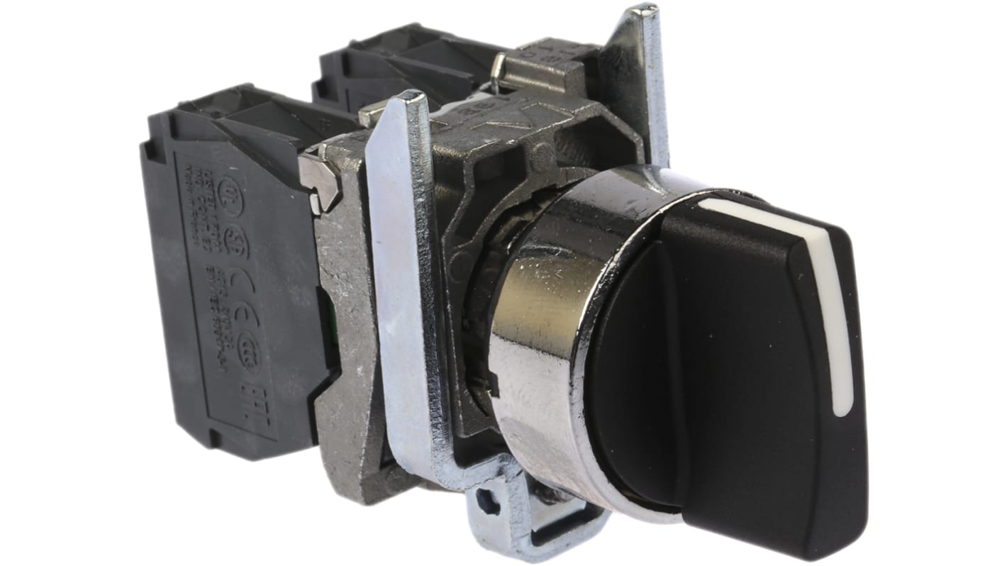 Selettore a 3 posizioni Schneider Electric XB4BD53, 10A, 600V c.a. - Serie Harmony XB4. Manopola nera con indicatore bianco, contatto NO aperto, IP67/IP69K. Ideale per macchine agricole e sistemi di produzione.