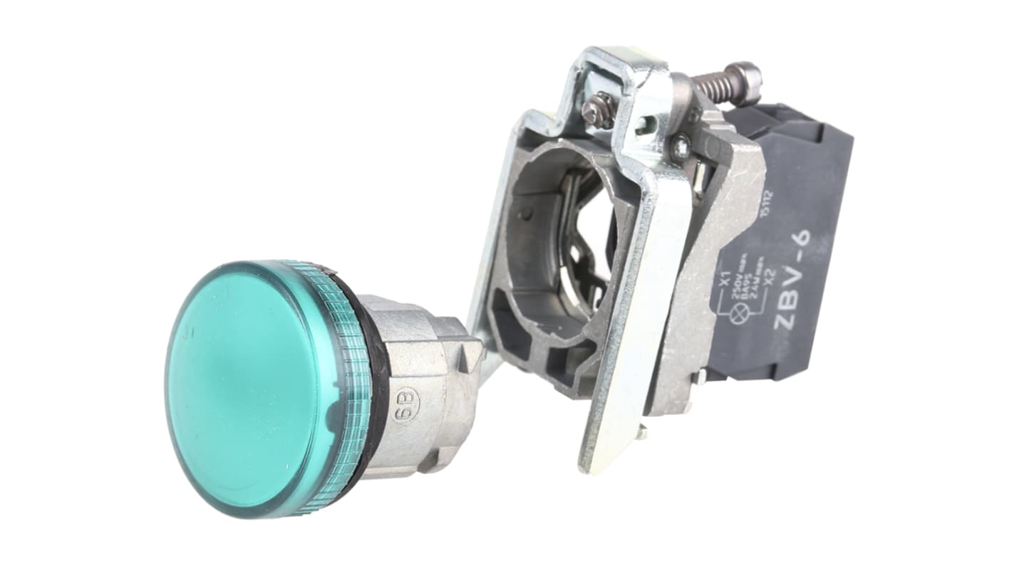 Spia LED verde Schneider Electric XB4BV63, montaggio a pannello 22mm, resistenza agli urti IK06, grado di protezione IP66.