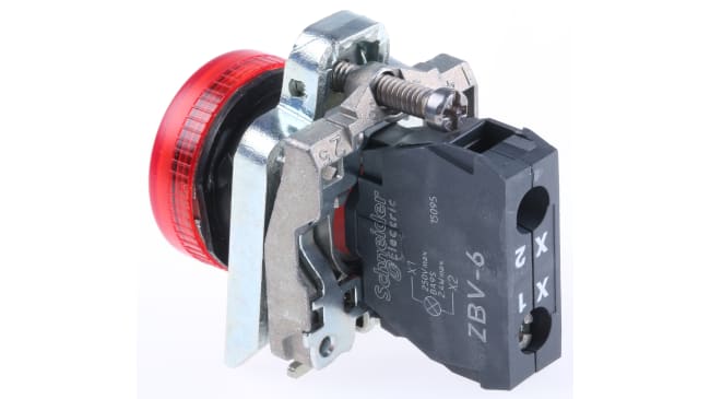 Spia LED rossa Schneider Electric, montaggio a pannello, diametro foro 22 mm, corpo metallico, grado di protezione IP66.