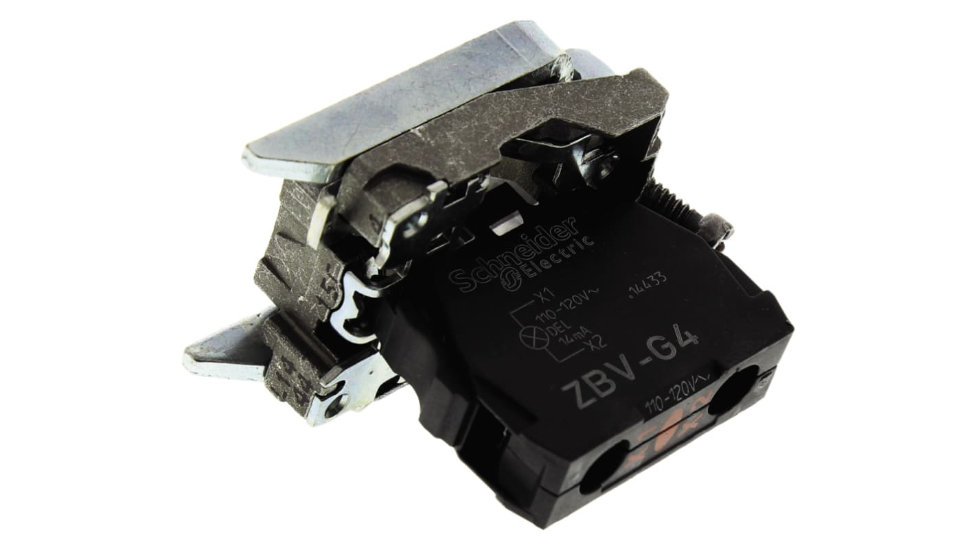 Blocco contatti luminoso Schneider Electric ZB4BVG4, tensione 110-120V, illuminazione LED, supporto incluso.