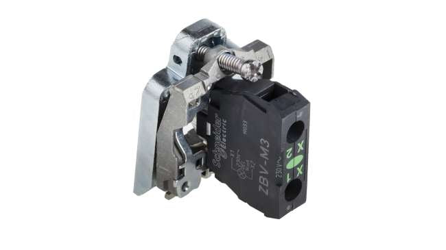 Interruttore a pulsante Schneider Electric ZB4BVM3, tensione 230-240V, LED integrato, montaggio con collare di fissaggio.