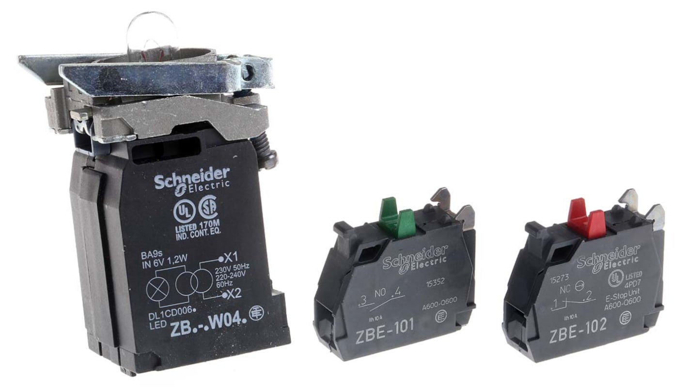 Blocco contatti luminoso Schneider Electric ZB4BW045, 1 NA + 1 NC, tensione 230V, montaggio a vite, serie Harmony XB4.