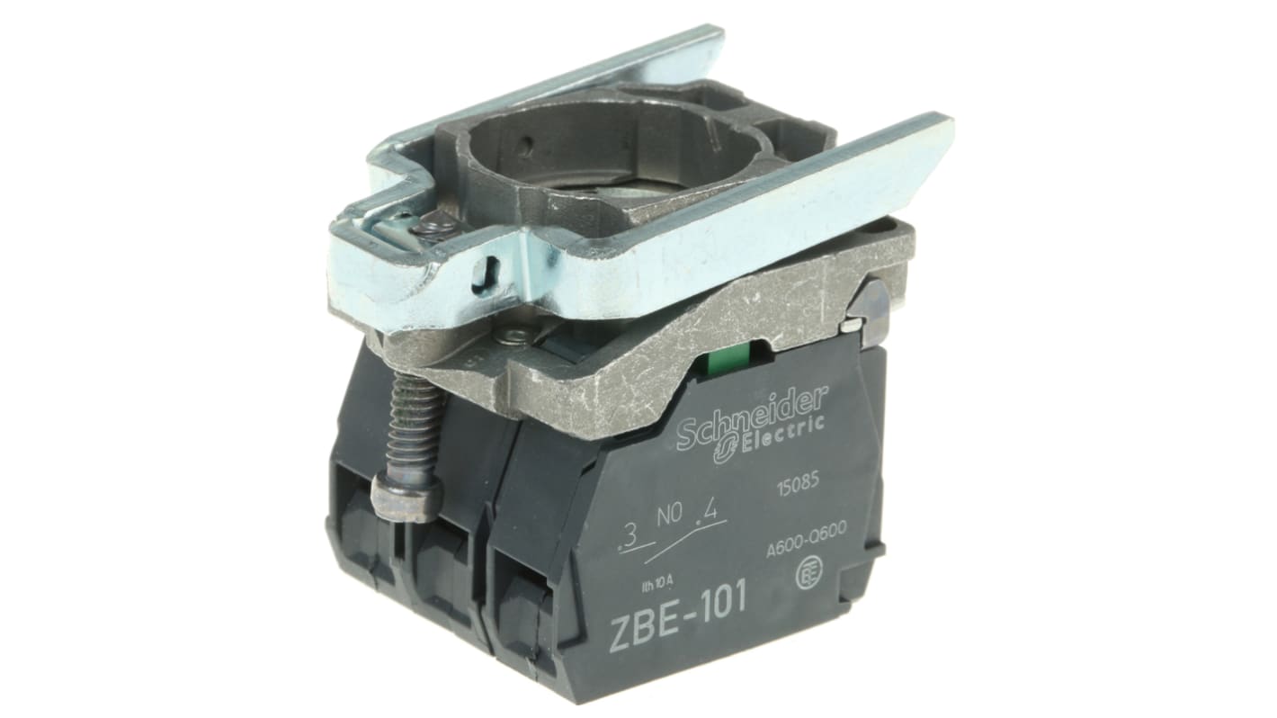 Blocco contatti luminoso Schneider Electric ZB4BW065, 1 NA + 1 NC, 250V, terminali a vite. Ideale per pulsanti luminosi BA9S. Certificato UL, CSA, CE.