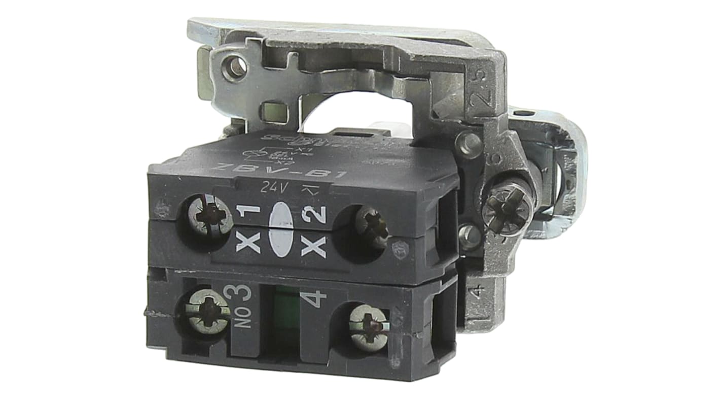 Blocco contatti SPST Schneider Electric ZB4BW0B11, 24V, 10A, IP66, LED integrato, supporto incluso.