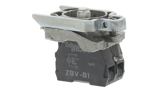 Blocco contatti SPST Schneider Electric ZB4BW0B11, 24V, 10A, IP66, LED integrato, supporto incluso.