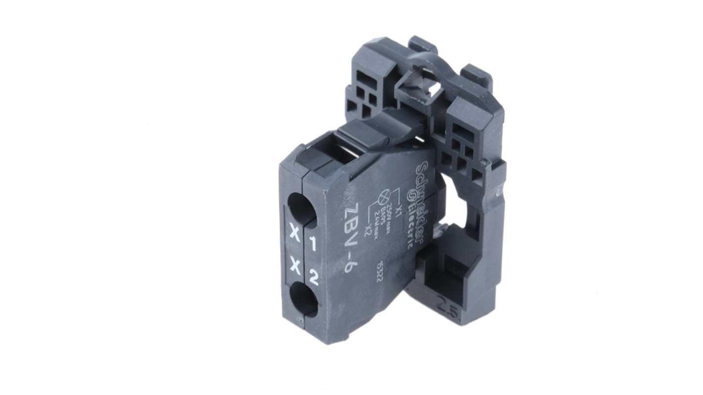 Blocco contatti luminoso Schneider Electric ZB5AV6, tensione 250 V, montaggio su LED, gemme colorate disponibili.