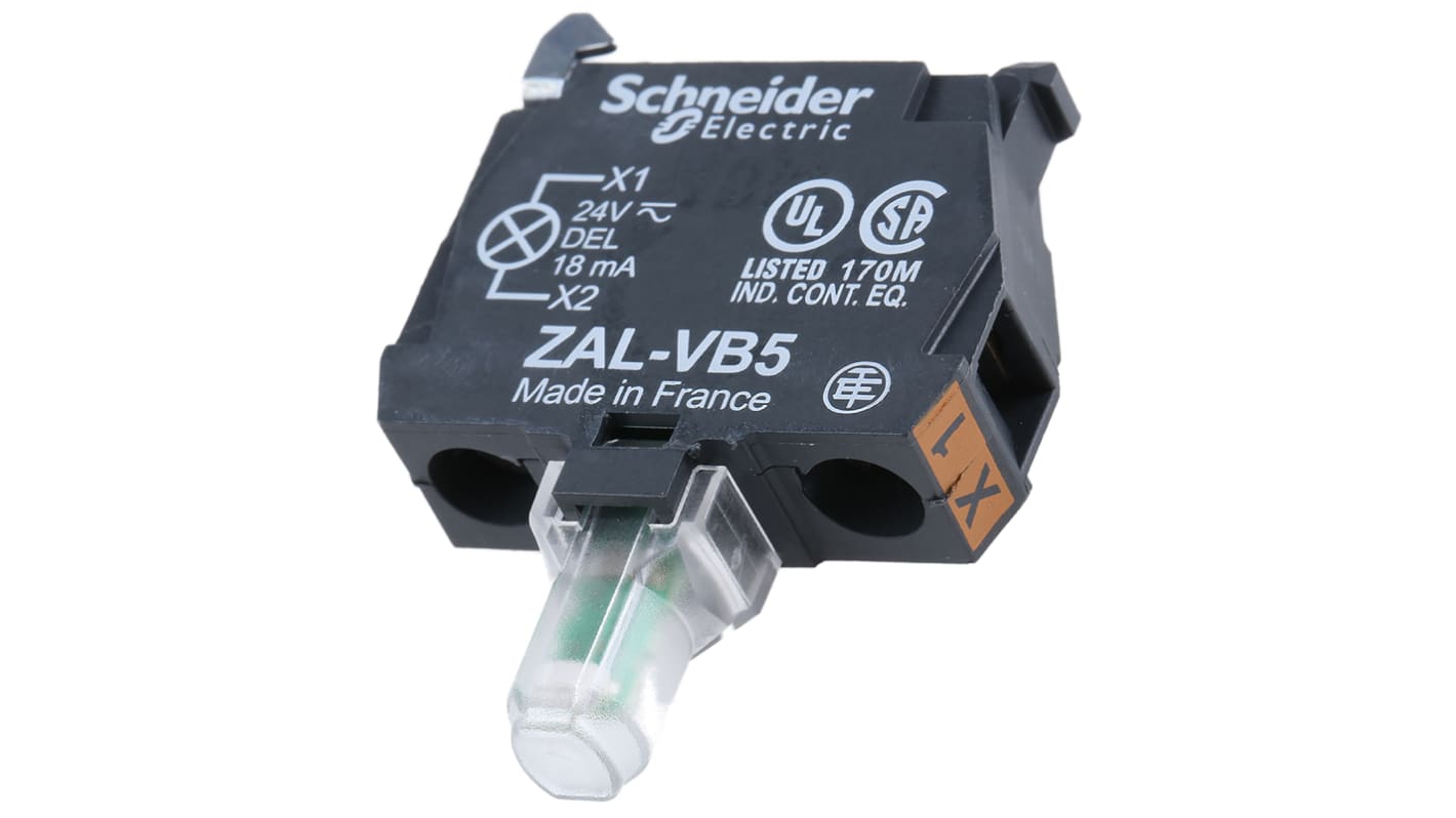 Blocco contatti luminoso LED giallo Schneider Electric ZALVB5, tensione 24 V, montaggio anteriore, durata LED 100.000 ore.