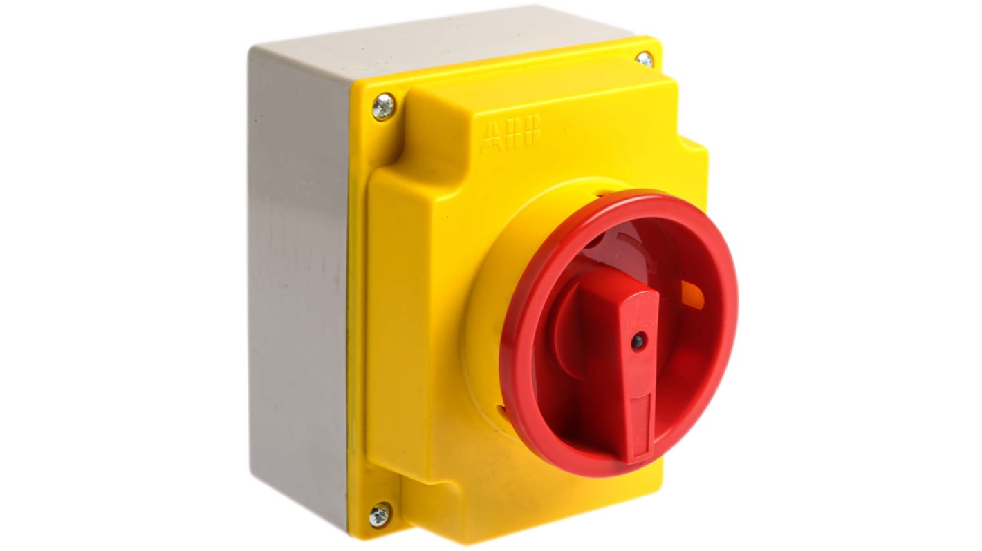 Interruttore di isolamento ABB S37K5N, 3 poli, IP65, 25 A, contenitore ignifugo, dimensioni 100x107x125 mm, maniglia rossa/gialla.